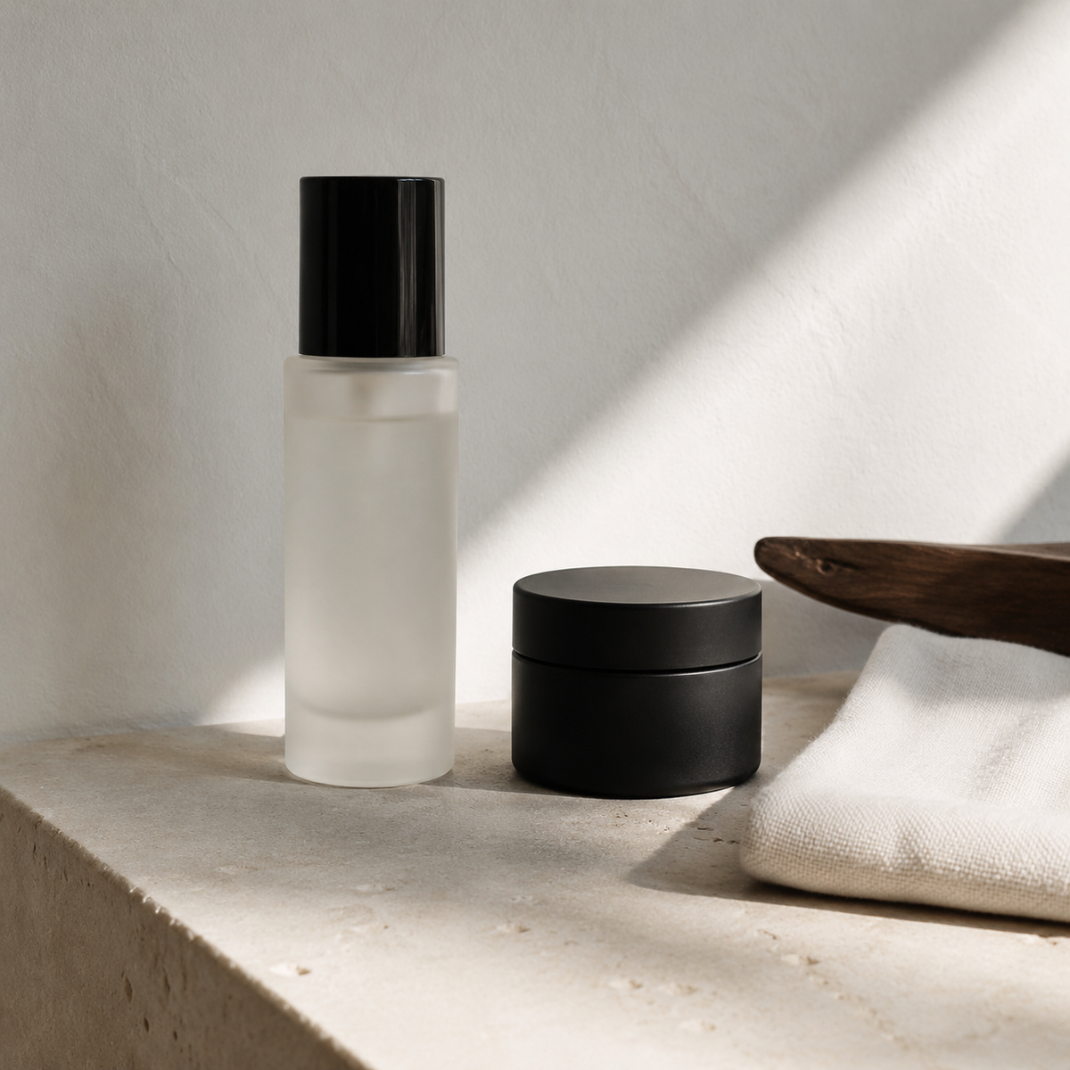 Unbranded skincare vessels on limestone in natural sunlight