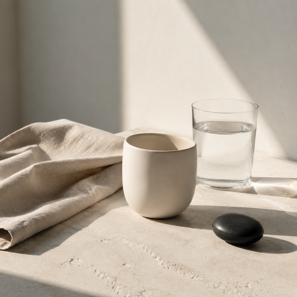 Ceramic cup, water glass, linen and dark stone in natural sunlight